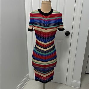The Vault by Sacha Multicolored Striped Crochet Mesh  Bodycon Dress